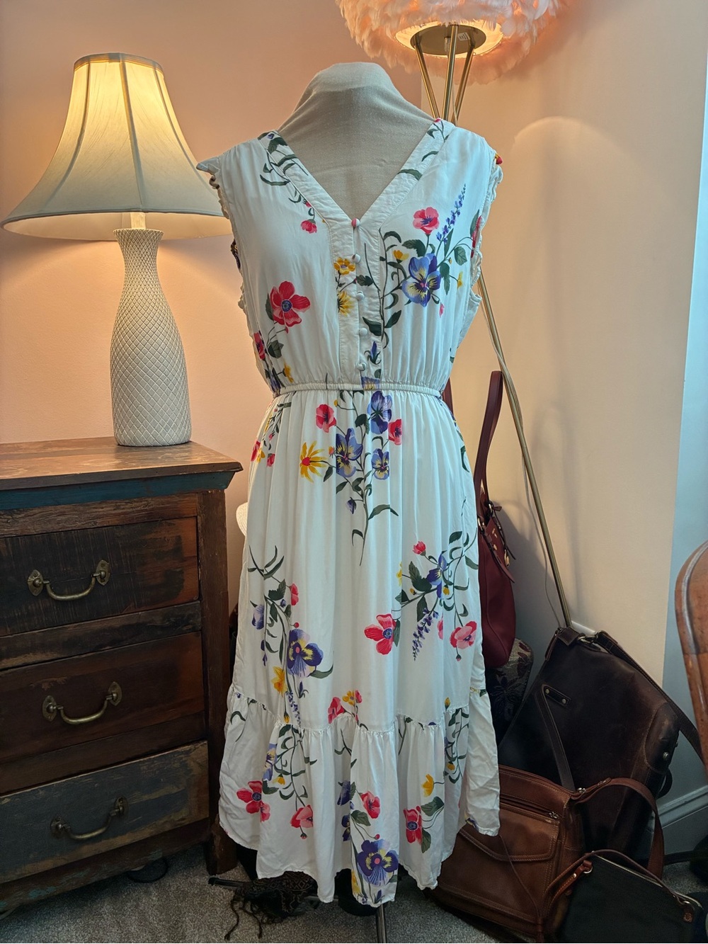 Classic White Floral V-Neck Midi Dress with Buttons & Multicolor Blooms